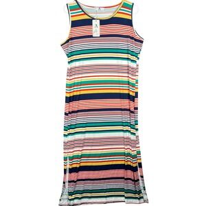 AZ‎ Striped Sleeveless Midi Dress Womens L/XL Multicolor Crew Neck Side Slit NEW